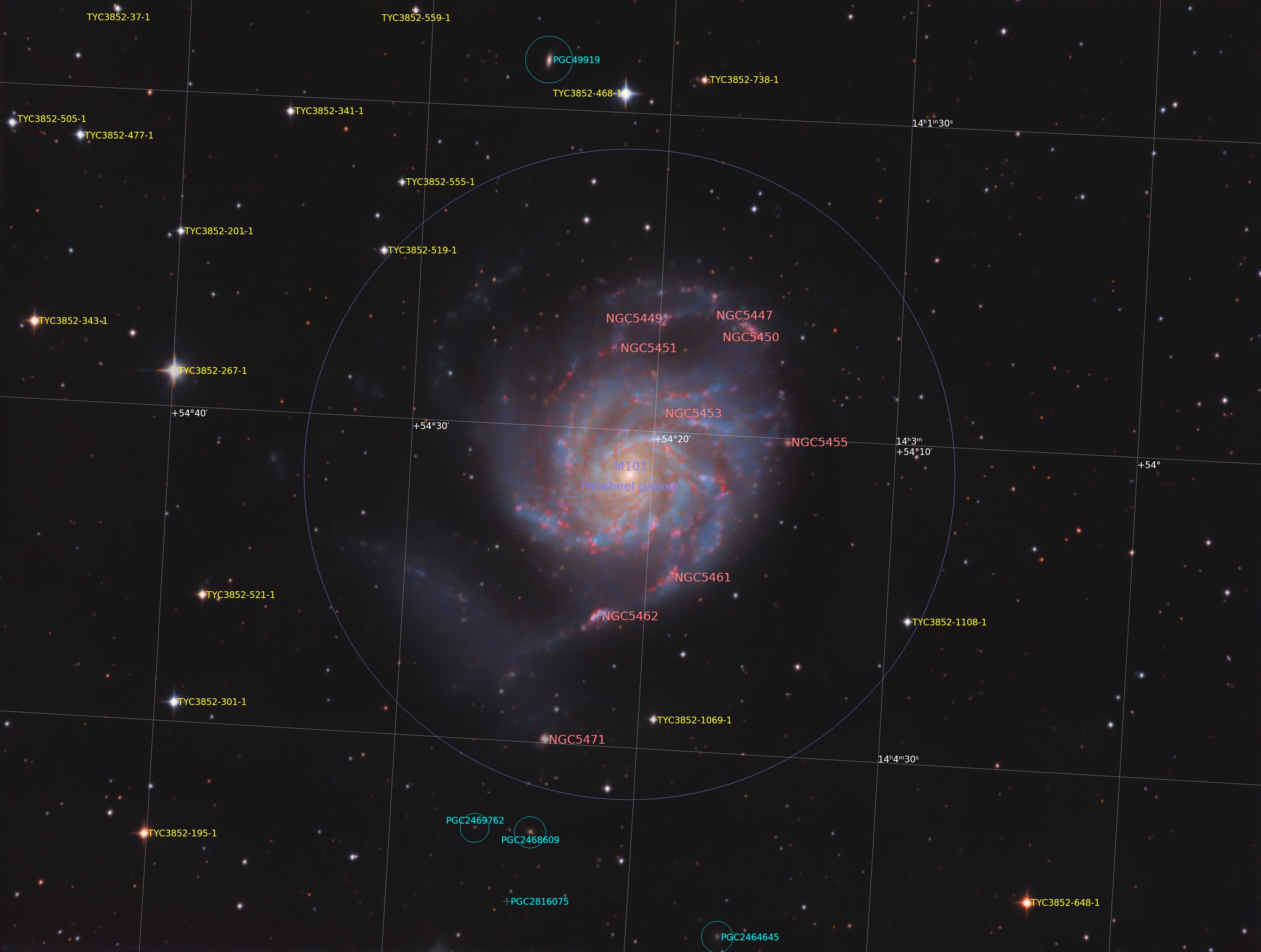M101_Annotated1 M101 - Pinwheel Galaxy (28x 300s RGB)